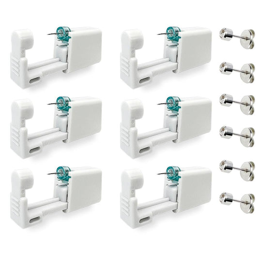 6er-Pack Ohrlochstechen Set – Einweg-Ohrlochpistole, Schmerzloses Selbststechen, Sicher & Einfach, mit 4mm Silber-Ohrsteckern