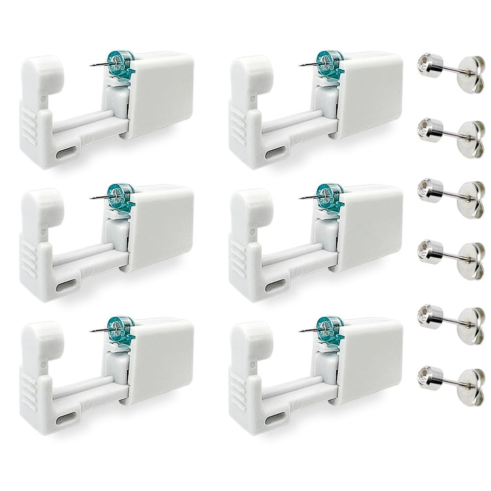 6er-Pack Ohrlochstechen Set – Einweg-Ohrlochpistole, Schmerzloses Selbststechen, Sicher & Einfach, mit 4mm Silber-Ohrsteckern