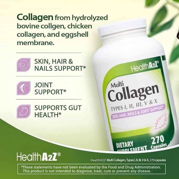 HealthA2Z® Multi-Kollagen Kapseln | 1735 mg | 270 Kollagen Kapseln | Typen I, II, III, V & X | Für gesunde Haut, Haare, Nägel & Gelenke