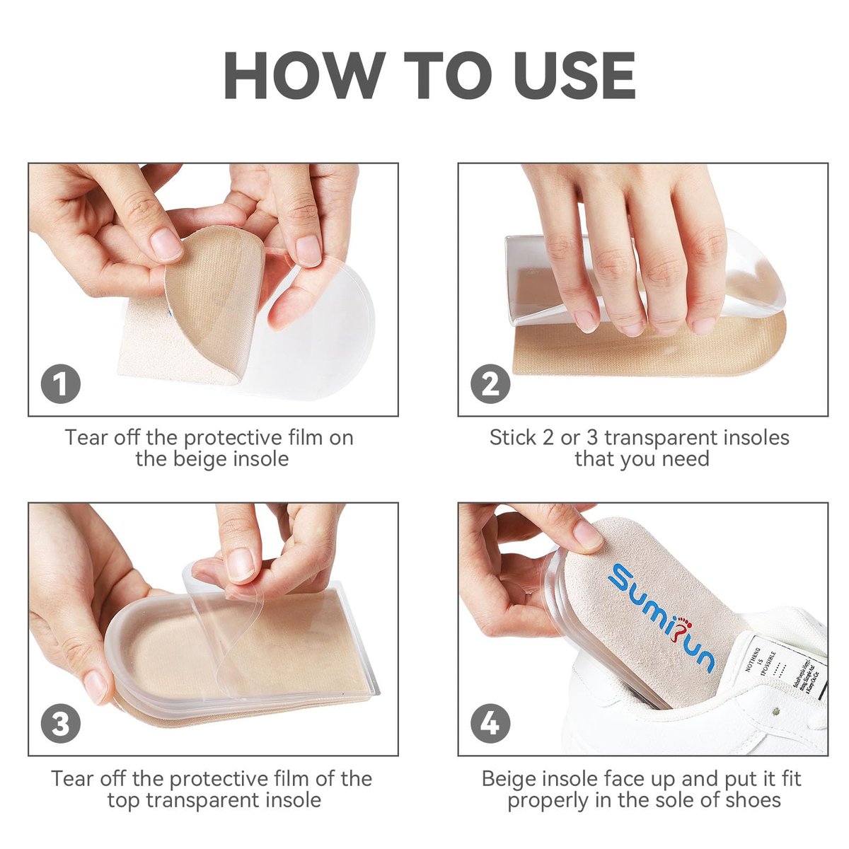 Sumifun Fersenerhöhung, 4-Schichten 1 Zoll Gel-Einlagen für Damen bei ungleichen Beinen, verstellbare orthopädische Ferseneinlagen bei Fersenschmerzen und Beinlängendifferenz, Fersenkeil-Einlagen 1/4" 1/2" 3/4" (Größe L, Beige)