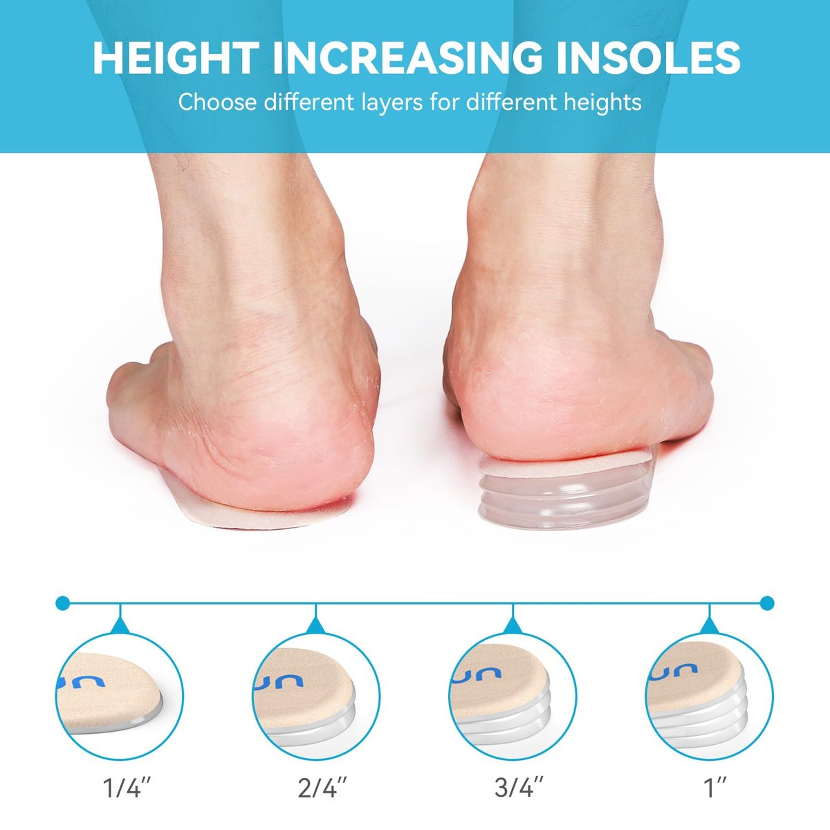 Sumifun Fersenerhöhung, 4-Schichten 1 Zoll Gel-Einlagen für Damen bei ungleichen Beinen, verstellbare orthopädische Ferseneinlagen bei Fersenschmerzen und Beinlängendifferenz, Fersenkeil-Einlagen 1/4" 1/2" 3/4" (Größe L, Beige)