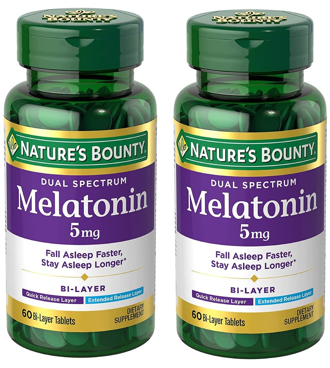 Nature's Bounty Melatonin 5 mg Dual Spectrum – 100% Arzneimittelfreies Schlafmittel mit schneller und verlängerter Freisetzung, 60 Tabletten (2er-Pack)