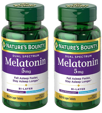 Nature's Bounty Melatonin 5 mg Dual Spectrum – 100% Arzneimittelfreies Schlafmittel mit schneller und verlängerter Freisetzung, 60 Tabletten (2er-Pack)