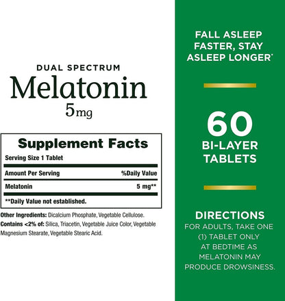 Nature's Bounty Melatonin 5 mg Dual Spectrum – 100% Arzneimittelfreies Schlafmittel mit schneller und verlängerter Freisetzung, 60 Tabletten (2er-Pack)