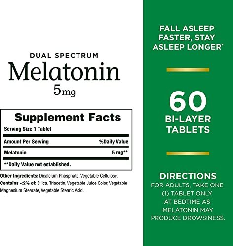 Nature's Bounty Melatonin 5 mg Dual Spectrum – 100% Arzneimittelfreies Schlafmittel mit schneller und verlängerter Freisetzung, 60 Tabletten (2er-Pack)