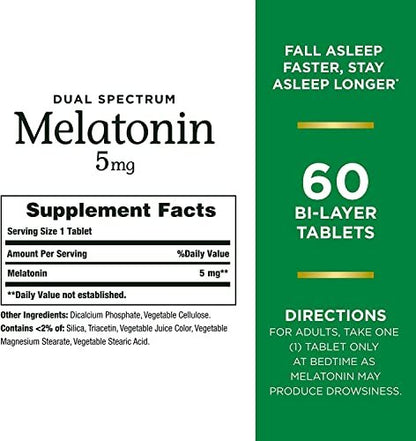 Nature's Bounty Melatonin 5 mg Dual Spectrum – 100% Arzneimittelfreies Schlafmittel mit schneller und verlängerter Freisetzung, 60 Tabletten (2er-Pack)