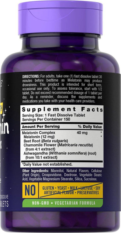 Carlyle Melatonin 40mg Komplex | 150 schnell lösliche Tabletten | Extra starke Unterstützung | mit Ashwagandha und Kamille | Vegetarisch, Nicht-GVO, Glutenfrei
