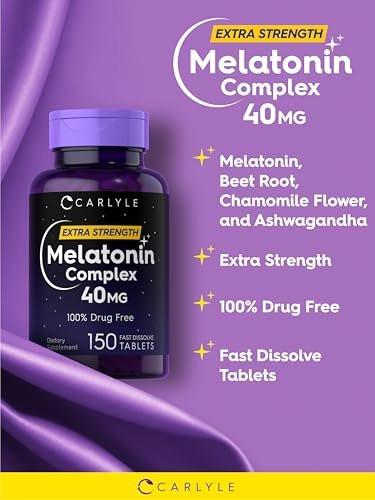Carlyle Melatonin 40mg Komplex | 150 schnell lösliche Tabletten | Extra starke Unterstützung | mit Ashwagandha und Kamille | Vegetarisch, Nicht-GVO, Glutenfrei