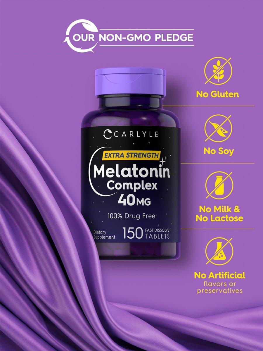 Carlyle Melatonin 40mg Komplex | 150 schnell lösliche Tabletten | Extra starke Unterstützung | mit Ashwagandha und Kamille | Vegetarisch, Nicht-GVO, Glutenfrei