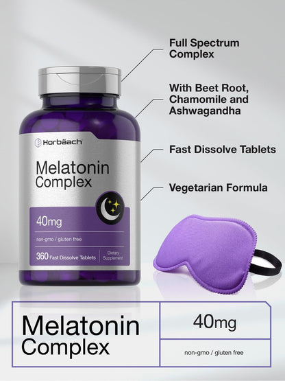Horbäach Melatonin 40 mg Komplex | 360 schnell lösliche Tabletten | Hochdosiertes Erwachsenen-Präparat | mit Kamille und Ashwagandha | Vegetarisch, Nicht-GVO, Glutenfrei