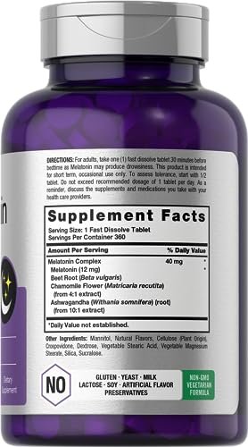 Horbäach Melatonin 40 mg Komplex | 360 schnell lösliche Tabletten | Hochdosiertes Erwachsenen-Präparat | mit Kamille und Ashwagandha | Vegetarisch, Nicht-GVO, Glutenfrei