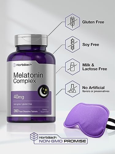 Horbäach Melatonin 40 mg Komplex | 360 schnell lösliche Tabletten | Hochdosiertes Erwachsenen-Präparat | mit Kamille und Ashwagandha | Vegetarisch, Nicht-GVO, Glutenfrei
