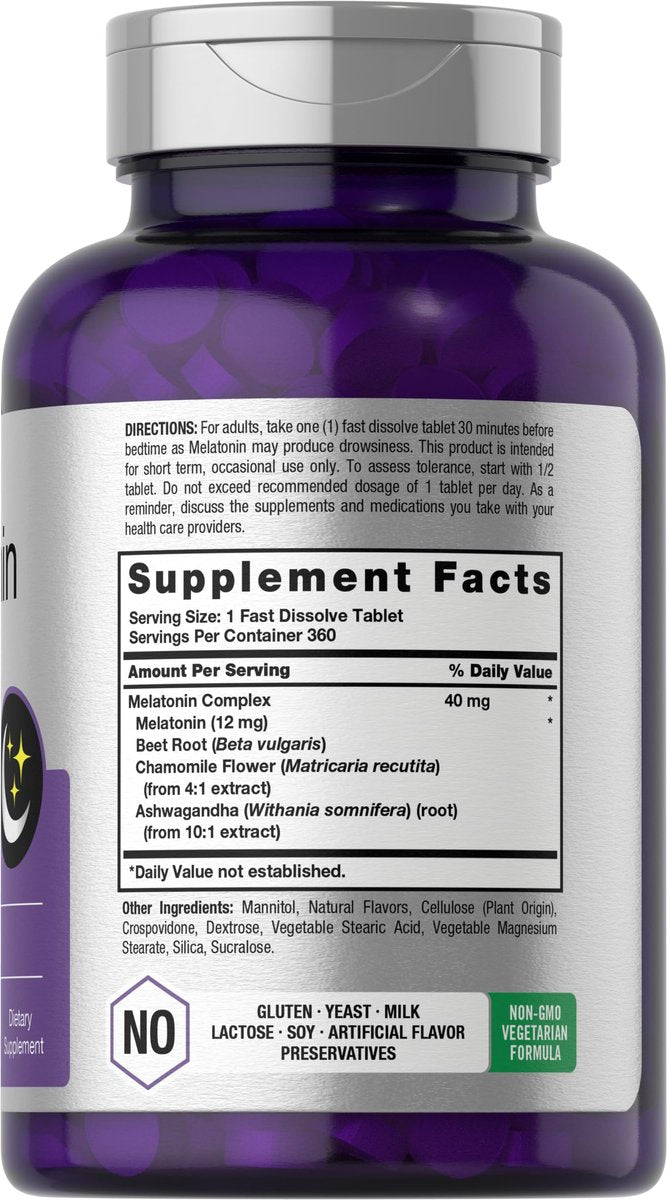 Horbäach Melatonin 40 mg Komplex | 360 schnell lösliche Tabletten | Hochdosiertes Erwachsenen-Präparat | mit Kamille und Ashwagandha | Vegetarisch, Nicht-GVO, Glutenfrei