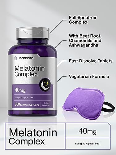 Horbäach Melatonin 40 mg Komplex | 360 schnell lösliche Tabletten | Hochdosiertes Erwachsenen-Präparat | mit Kamille und Ashwagandha | Vegetarisch, Nicht-GVO, Glutenfrei
