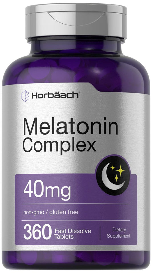 Horbäach Melatonin 40 mg Komplex | 360 schnell lösliche Tabletten | Hochdosiertes Erwachsenen-Präparat | mit Kamille und Ashwagandha | Vegetarisch, Nicht-GVO, Glutenfrei