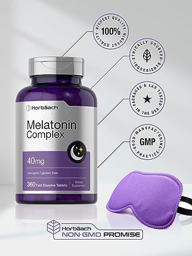 Horbäach Melatonin 40 mg Komplex | 360 schnell lösliche Tabletten | Hochdosiertes Erwachsenen-Präparat | mit Kamille und Ashwagandha | Vegetarisch, Nicht-GVO, Glutenfrei