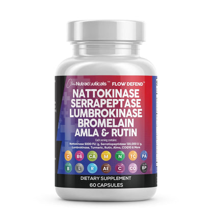 Clean Nutraceuticals Nattokinase 5000 FU Serrapeptase 120000 SPU Lumbrokinase Enzymkomplex mit Bromelain Papain Papaya-Enzyme Rutin Extrakt Amla Magnesium Vitamin B6 & Vitamin C Kapseln