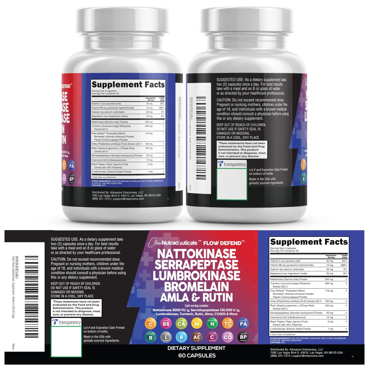 Clean Nutraceuticals Nattokinase 5000 FU Serrapeptase 120000 SPU Lumbrokinase Enzymkomplex mit Bromelain Papain Papaya-Enzyme Rutin Extrakt Amla Magnesium Vitamin B6 & Vitamin C Kapseln