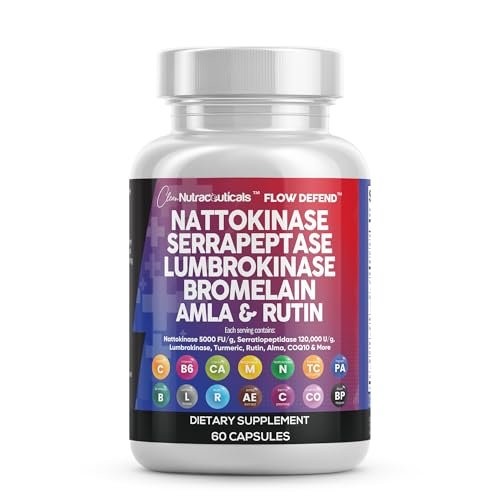 Clean Nutraceuticals Nattokinase 5000 FU Serrapeptase 120000 SPU Lumbrokinase Enzymkomplex mit Bromelain Papain Papaya-Enzyme Rutin Extrakt Amla Magnesium Vitamin B6 & Vitamin C Kapseln