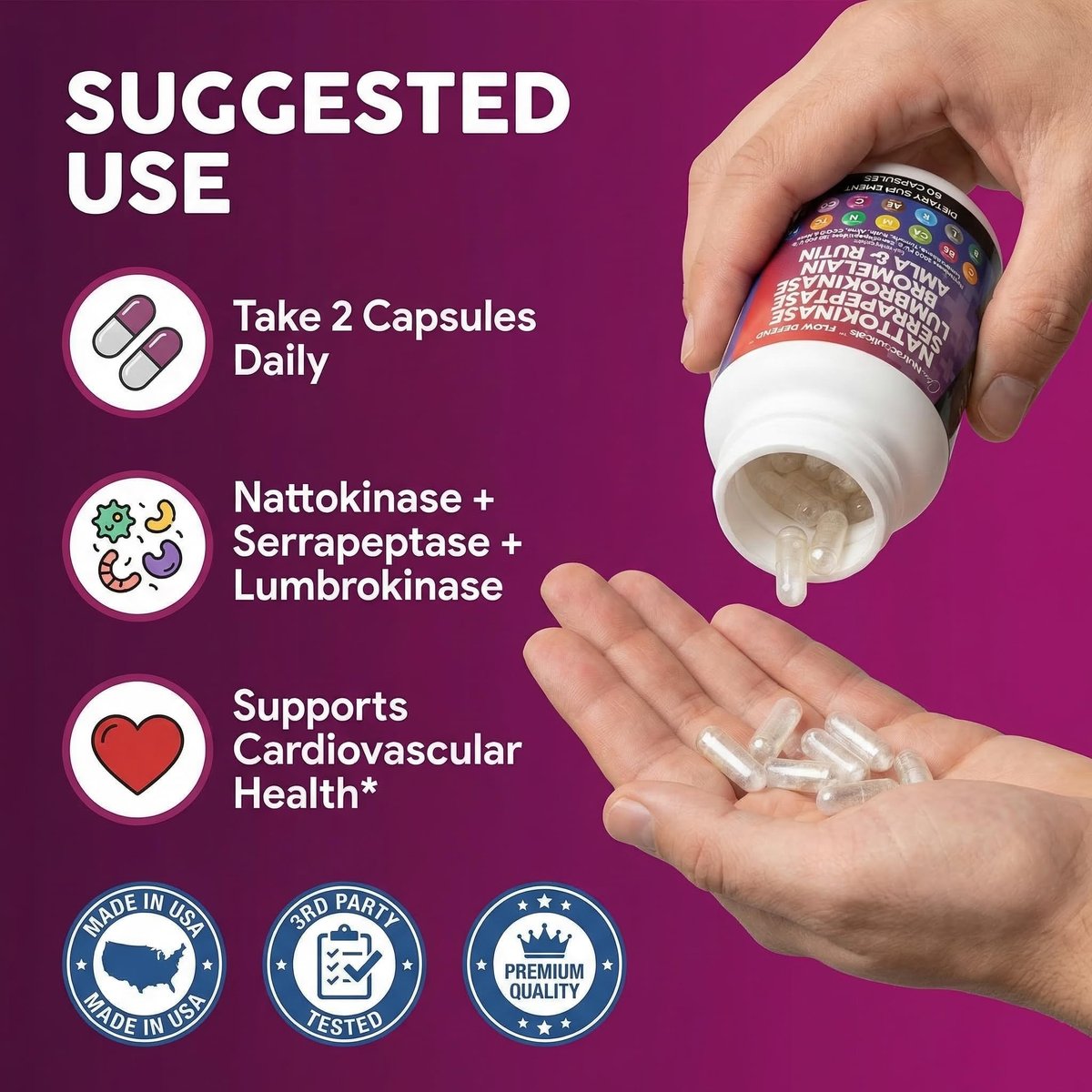 Clean Nutraceuticals Nattokinase 5000 FU Serrapeptase 120000 SPU Lumbrokinase Enzymkomplex mit Bromelain Papain Papaya-Enzyme Rutin Extrakt Amla Magnesium Vitamin B6 & Vitamin C Kapseln