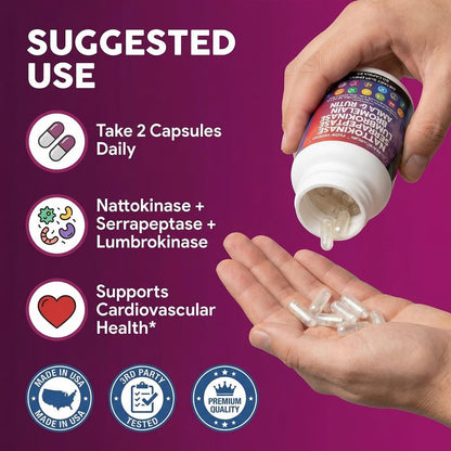 Clean Nutraceuticals Nattokinase 5000 FU Serrapeptase 120000 SPU Lumbrokinase Enzymkomplex mit Bromelain Papain Papaya-Enzyme Rutin Extrakt Amla Magnesium Vitamin B6 & Vitamin C Kapseln