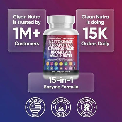 Clean Nutraceuticals Nattokinase 5000 FU Serrapeptase 120000 SPU Lumbrokinase Enzymkomplex mit Bromelain Papain Papaya-Enzyme Rutin Extrakt Amla Magnesium Vitamin B6 & Vitamin C Kapseln