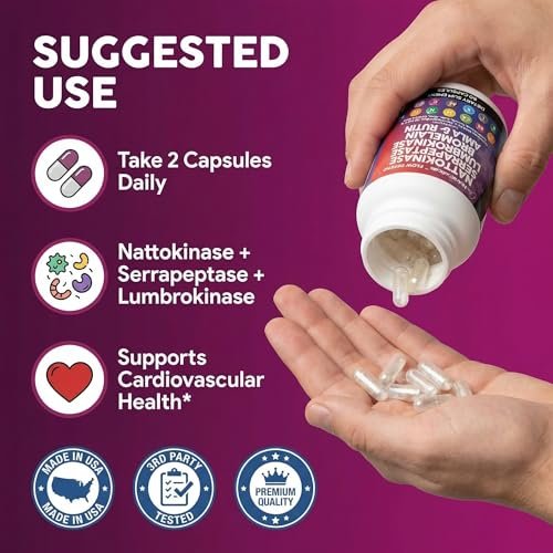 Clean Nutraceuticals Nattokinase 5000 FU Serrapeptase 120000 SPU Lumbrokinase Enzymkomplex mit Bromelain Papain Papaya-Enzyme Rutin Extrakt Amla Magnesium Vitamin B6 & Vitamin C Kapseln