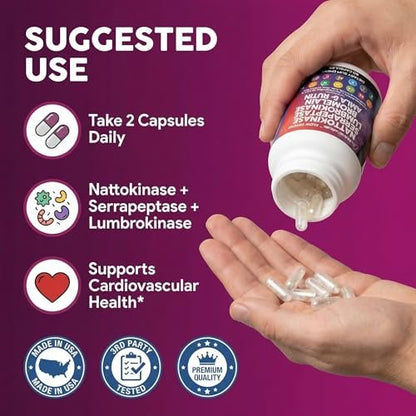 Clean Nutraceuticals Nattokinase 5000 FU Serrapeptase 120000 SPU Lumbrokinase Enzymkomplex mit Bromelain Papain Papaya-Enzyme Rutin Extrakt Amla Magnesium Vitamin B6 & Vitamin C Kapseln