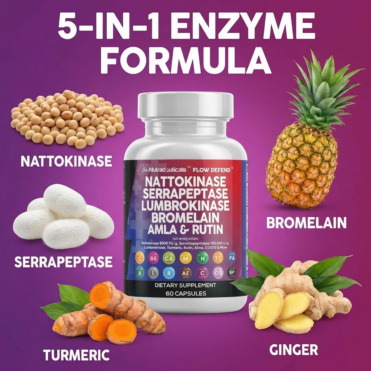 Clean Nutraceuticals Nattokinase 5000 FU Serrapeptase 120000 SPU Lumbrokinase Enzymkomplex mit Bromelain Papain Papaya-Enzyme Rutin Extrakt Amla Magnesium Vitamin B6 & Vitamin C Kapseln