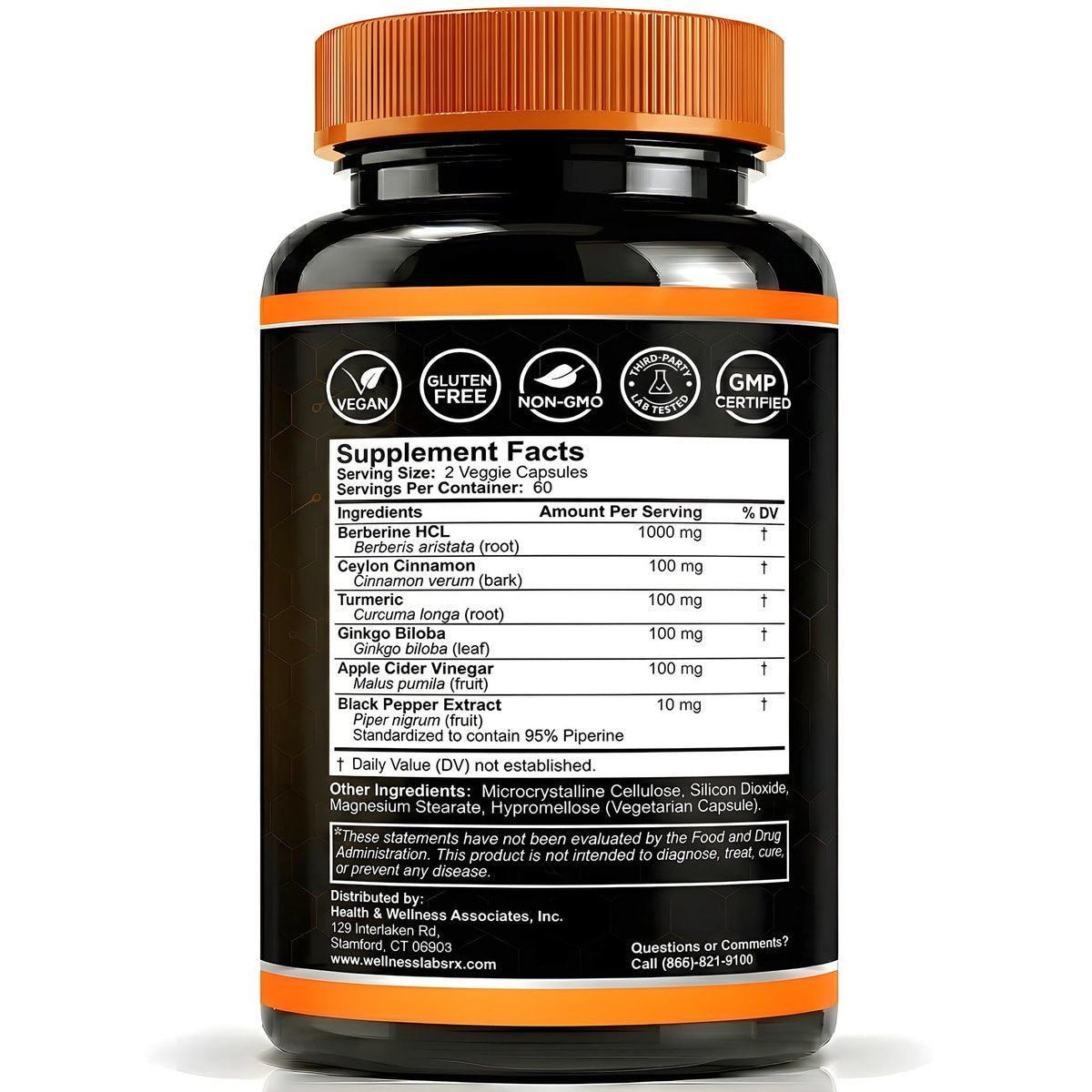 WELLNESS LABSRX Berberin 1.000 mg – mit Ceylon-Zimt, schwarzem Pfeffer und Apfelessig, 120 Kapseln, herzunterstützendes Nahrungsergänzungsmittel