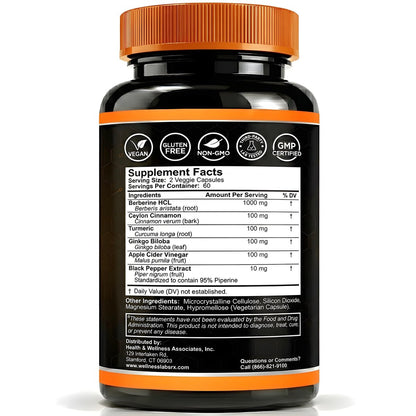 WELLNESS LABSRX Berberin 1.000 mg – mit Ceylon-Zimt, schwarzem Pfeffer und Apfelessig, 120 Kapseln, herzunterstützendes Nahrungsergänzungsmittel