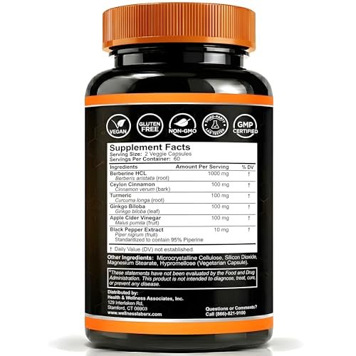 WELLNESS LABSRX Berberin 1.000 mg – mit Ceylon-Zimt, schwarzem Pfeffer und Apfelessig, 120 Kapseln, herzunterstützendes Nahrungsergänzungsmittel