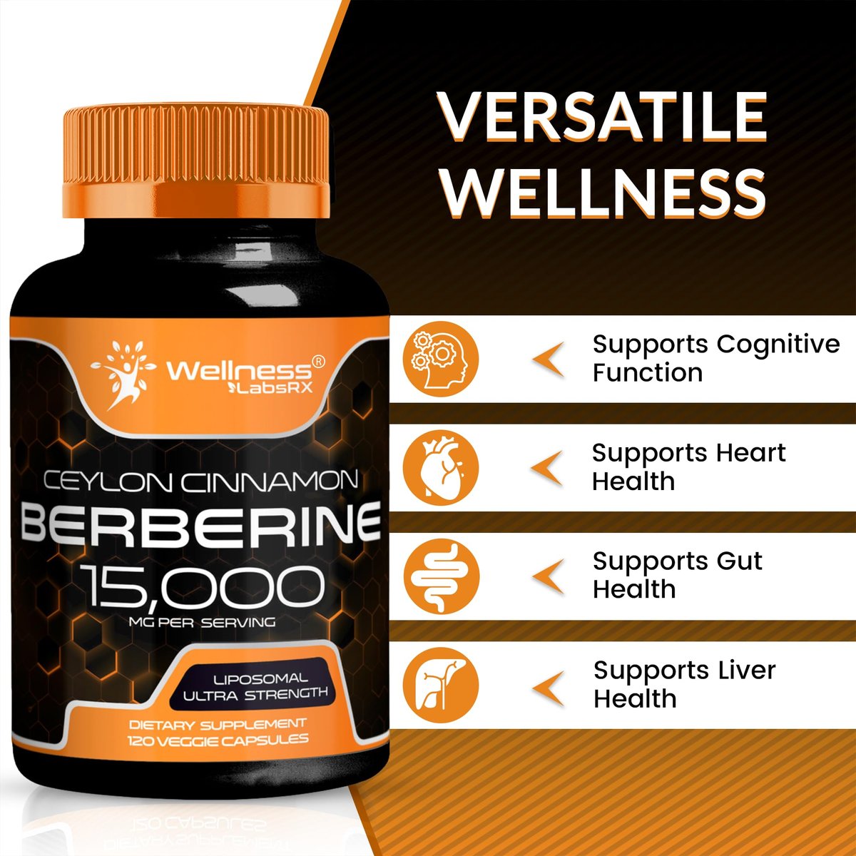 WELLNESS LABSRX Berberin 1.000 mg – mit Ceylon-Zimt, schwarzem Pfeffer und Apfelessig, 120 Kapseln, herzunterstützendes Nahrungsergänzungsmittel