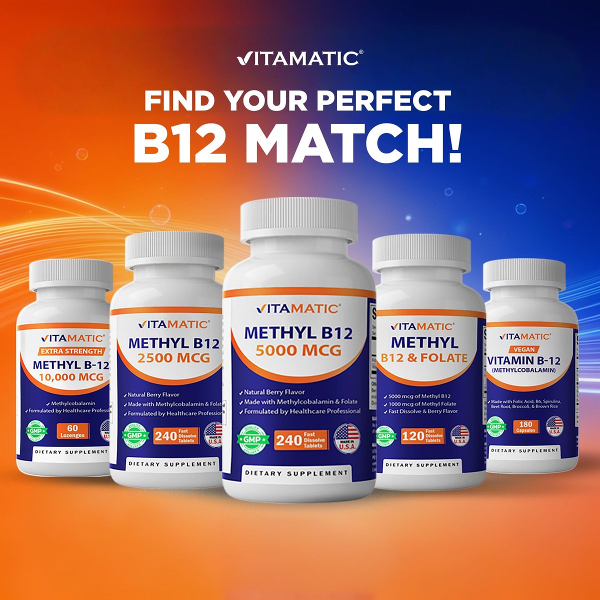 Vitamatic Vitamin B12 1000 mcg Lutschtabletten – Natürlicher Beerengeschmack – 365 Tabletten pro Flasche – 2 Flaschen – Unterstützt Energiestoffwechsel und Nervensystem