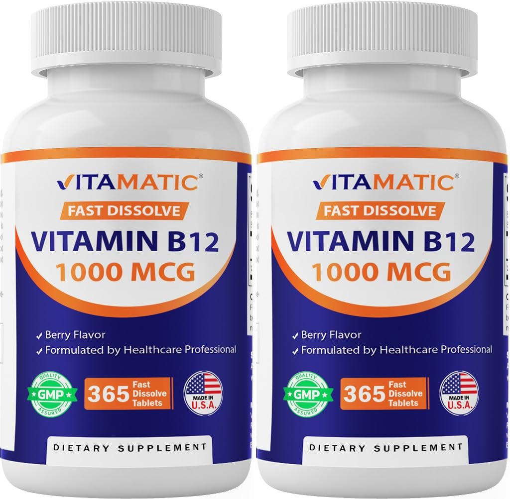 Vitamatic Vitamin B12 1000 mcg Lutschtabletten – Natürlicher Beerengeschmack – 365 Tabletten pro Flasche – 2 Flaschen – Unterstützt Energiestoffwechsel und Nervensystem