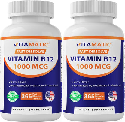 Vitamatic Vitamin B12 1000 mcg Lutschtabletten – Natürlicher Beerengeschmack – 365 Tabletten pro Flasche – 2 Flaschen – Unterstützt Energiestoffwechsel und Nervensystem