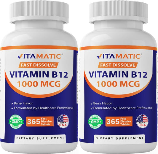 Vitamatic Vitamin B12 1000 mcg Lutschtabletten – Natürlicher Beerengeschmack – 365 Tabletten pro Flasche – 2 Flaschen – Unterstützt Energiestoffwechsel und Nervensystem
