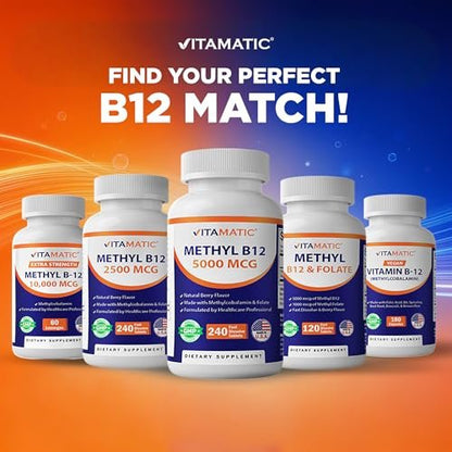 Vitamatic Vitamin B12 5000 mcg – 365 Lutschtabletten mit Beerengeschmack – Unterstützt Energieproduktion und Nervensystem – Non-GMO, Glutenfrei