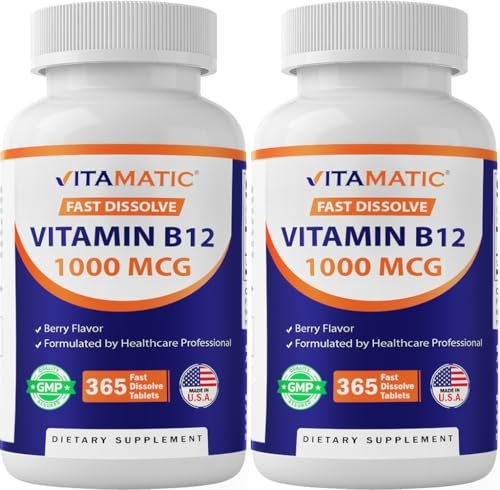 Vitamatic Vitamin B12 1000 mcg Lutschtabletten – Natürlicher Beerengeschmack – 365 Tabletten pro Flasche – 2 Flaschen – Unterstützt Energiestoffwechsel und Nervensystem