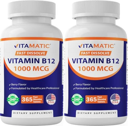 Vitamatic Vitamin B12 1000 mcg Lutschtabletten – Natürlicher Beerengeschmack – 365 Tabletten pro Flasche – 2 Flaschen – Unterstützt Energiestoffwechsel und Nervensystem