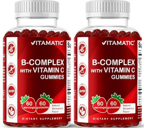 Vitamatic Vitamin B Komplex Gummis mit Vitamin C & Inositol – Natürlicher Erdbeergeschmack – 60 Gummis (2 Flaschen)