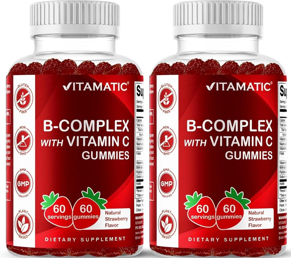 Vitamatic Vitamin B Komplex Gummis mit Vitamin C & Inositol – Natürlicher Erdbeergeschmack – 60 Gummis (2 Flaschen)