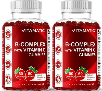 Vitamatic Vitamin B Komplex Gummis mit Vitamin C & Inositol – Natürlicher Erdbeergeschmack – 60 Gummis (2 Flaschen)