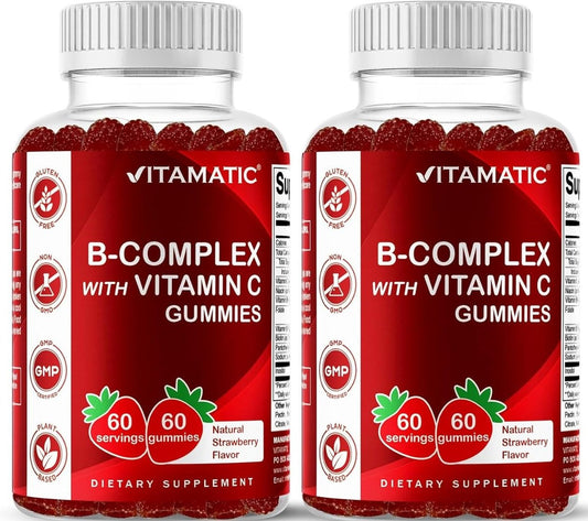 Vitamatic Vitamin B Komplex Gummis mit Vitamin C & Inositol – Natürlicher Erdbeergeschmack – 60 Gummis (2 Flaschen)