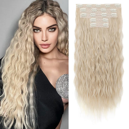 REECHO Clip-in Haarverlängerungen, 5 Stück 24 Zoll Braune Locken, unsichtbarer Lace-Weft, natürlich weiche Haarverlängerungen für Frauen – Blond