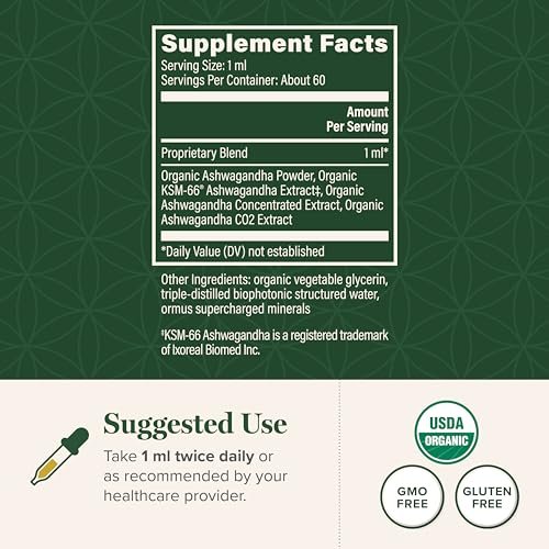 Global Healing Center - Bio-Ashwagandha-Tropfen - KSM-66 Ashwagandha Extra Stärke für Männer & Frauen, hilft Stress abzubauen, Stimmungsunterstützung, Bio (60 ml)