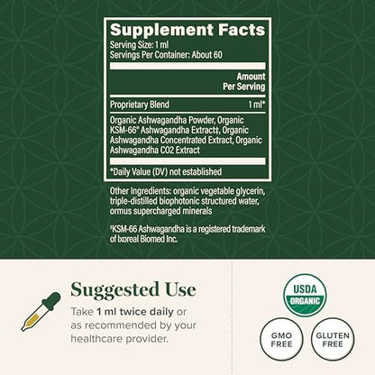Global Healing Center - Bio-Ashwagandha-Tropfen - KSM-66 Ashwagandha Extra Stärke für Männer & Frauen, hilft Stress abzubauen, Stimmungsunterstützung, Bio (60 ml)
