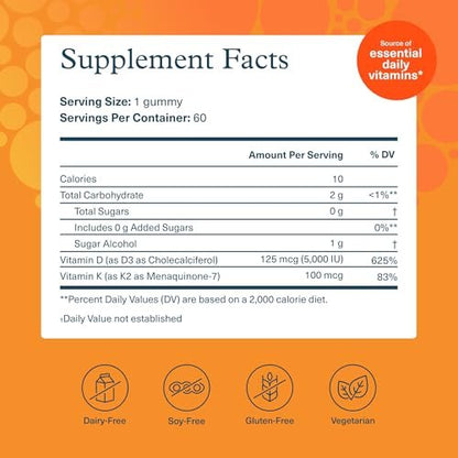 Youtheory K2D3 – Knochen- und Herzgesundheit* – Vitamin D3 & K2 – Laktose-, Soja- & Glutenfrei – Pfirsich, 60 vegane Gummis