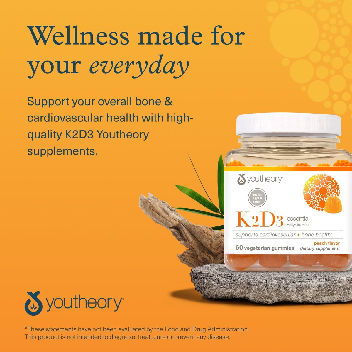 Youtheory K2D3 – Knochen- und Herzgesundheit* – Vitamin D3 & K2 – Laktose-, Soja- & Glutenfrei – Pfirsich, 60 vegane Gummis