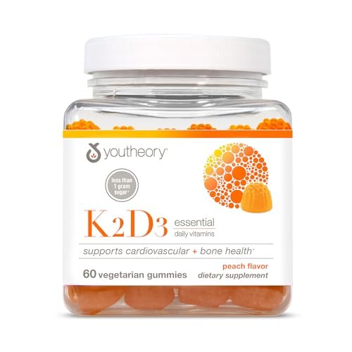 Youtheory K2D3 – Knochen- und Herzgesundheit* – Vitamin D3 & K2 – Laktose-, Soja- & Glutenfrei – Pfirsich, 60 vegane Gummis